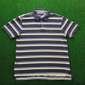 Tommy Hilfiger Polo Shirt Mens Large Blue Striped Golf Y2K Preppy Casual Cotton